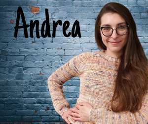 Finger Lakes Independence Center Advocacy & Support Specialist Andrea Champlin (she/her) in front of a grey brick wall with first name in black letters
