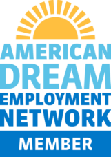 Yellow sun, American Dream in light blue lettering, Employment Network Member is dark blue lettering on white background