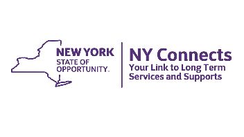 NY Connects, Your link to long term services and supports Purple New York State outline with New York State of Opportunity and NY Connects your link to long term services and supports in purple lettering on white background