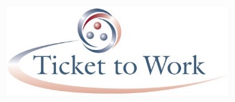 Ticket to work in blue lettering on white background with a red and blue circle with 3 dots in the shape of a triangle