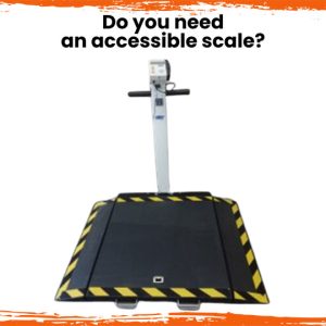 FLIC Accessible Scale click image for more information Accessible scale black with yellow caution strips on the base with clear background with Do you need an accessible scale? in black lettering. Has orange border on top and bottom of image.