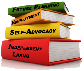 4 books stacked on top of each other, top book with green cover and Future Planning in black letters, orange book with employment in black letters, yellow book with Self-Advocacy in black letters, at the bottom red book with Independent Living in black letters