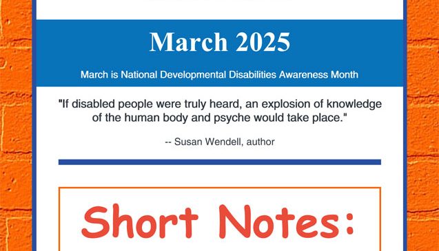 Finger Lakes Independence Center--FLIC--Logo: The letters: F-L-I-C and the letter I looks like an open door. Finger Lakes Independence Center Opening Doors to Independence. March 2025 e-newsletter edition photo, blue border with orange brick background, content is black, red and blue on a white background
