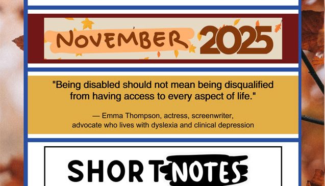Finger Lakes Independence Center--FLIC--Logo: The letters: F-L-I-C and the letter I looks like an open door. Finger Lakes Independence Center Opening Doors to Independence. November 2025 e-newsletter edition photo, grey brick background, content is black, red and blue on a white background