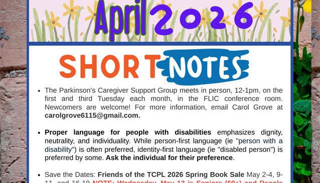 Finger Lakes Independence Center--FLIC--Logo: The letters: F-L-I-C and the letter I looks like an open door. Finger Lakes Independence Center Opening Doors to Independence. April 2026 e-newsletter edition photo, April 2026 is purple letters over a pink background with yellow daffodils and green leaves and stems.